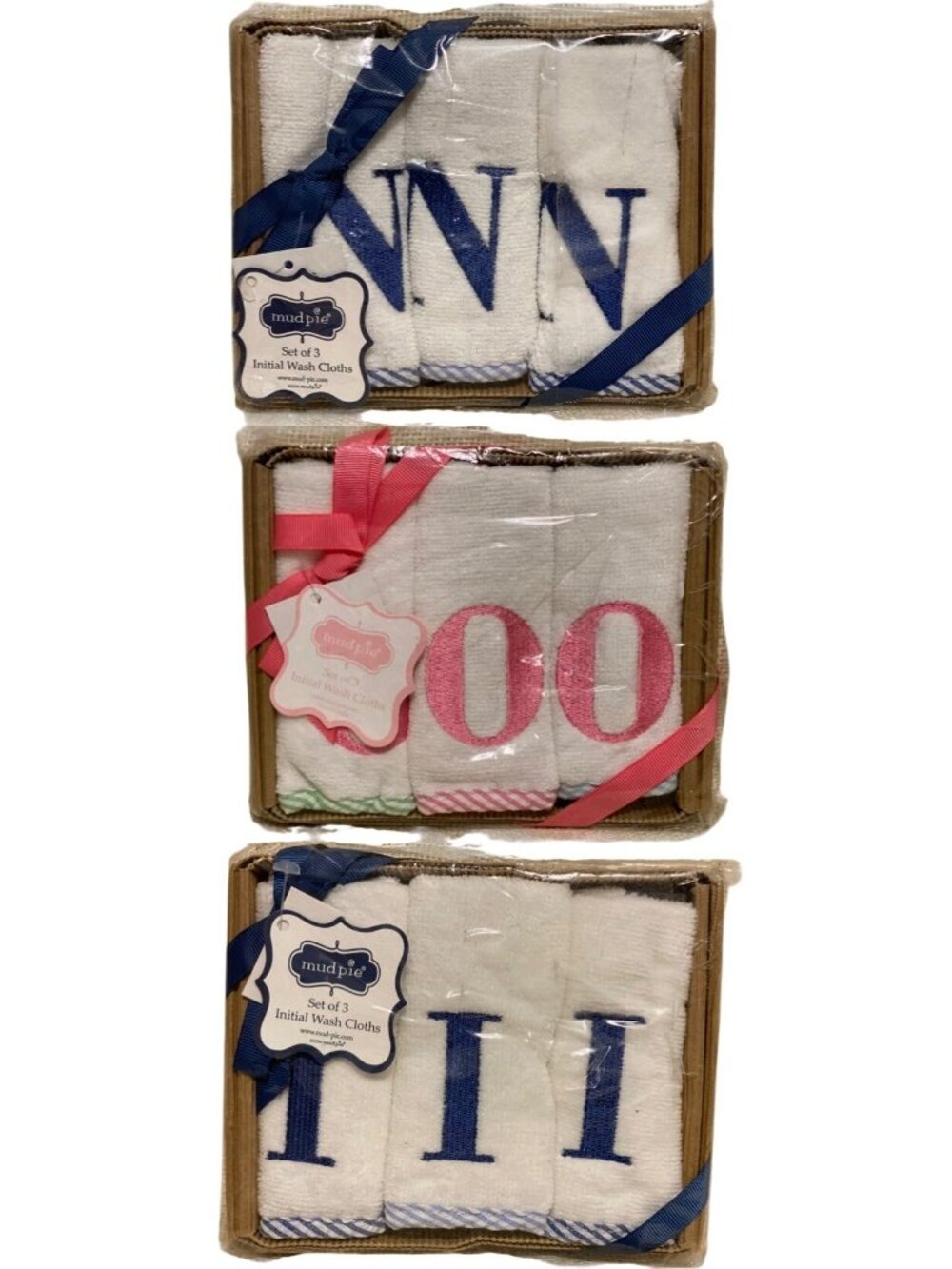Mud Pie NWT monogram seersucker bath wash cloth set Baby Gift embroidered N O I